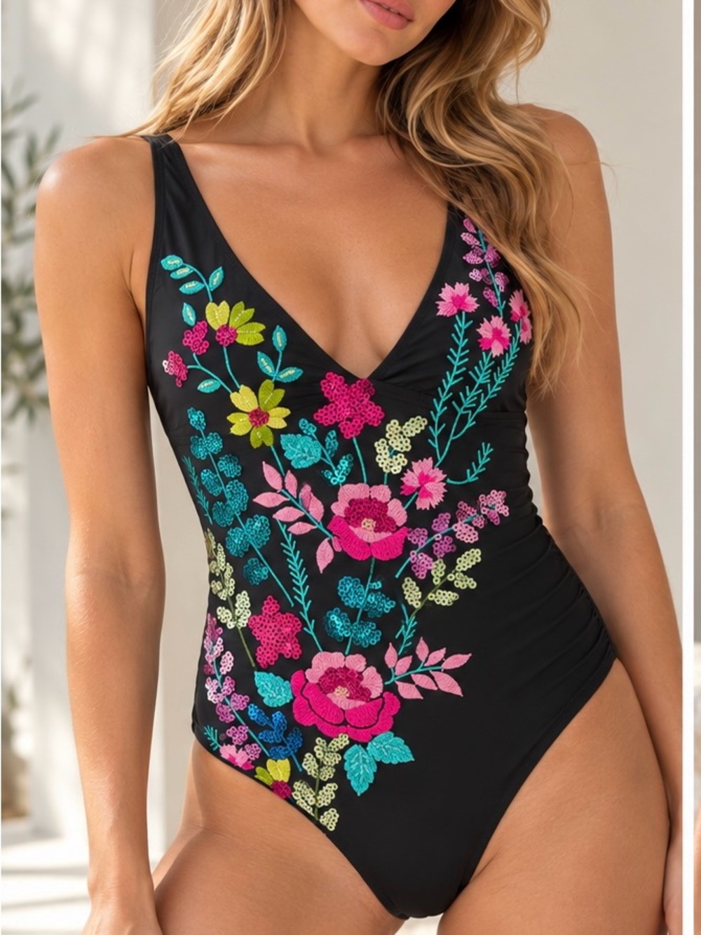 Nanette Lepore Black One-Piece Swimsuit with Pink & Teal Floral Embroidery